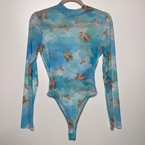 Black Bead Angel Print Mesh BodySuit